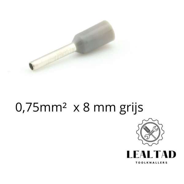 Adereindhuls 0,75 mm² x 8 mm grijs 100 stuks | Ferrule | Draadhuls | Adereindhulzen | Eindverbinder