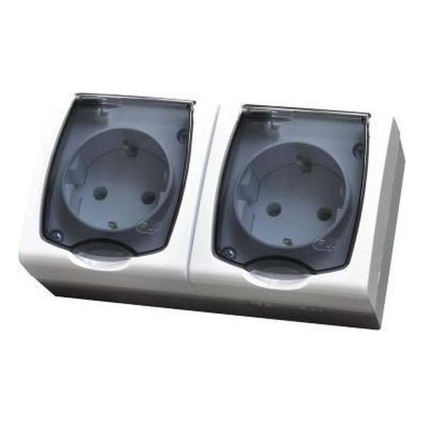 OSPEL Madera Double Socket Opbouw Stopcontact | Wit en Blauw | 130x46x70 mm (lxbxh) | IP44 (Spatwaterdicht)