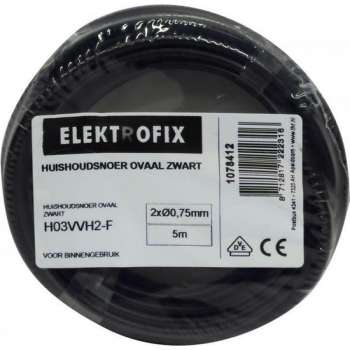 ELEKTROFIX huishoudsnoer | 2 x 0.75 mm² | 5 meter | belastbaar tot 1300 watt | zwart