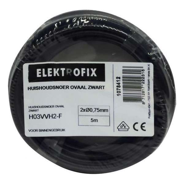 ELEKTROFIX huishoudsnoer | 2 x 0.75 mm² | 5 meter | belastbaar tot 1300 watt | zwart