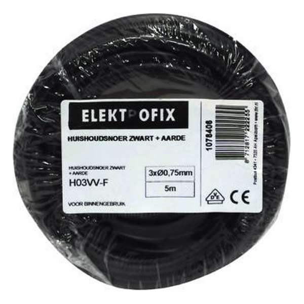 ELEKTROFIX geaard huishoudsnoer | 3 x 0.75 mm² | 5 meter | belastbaar tot 1300 watt | zwart