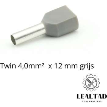 Adereindhuls dubbel 4,0 mm² x 12 mm grijs 100 stuks | Ferrule | Draadhuls | Adereindhulzen | Eindverbinder