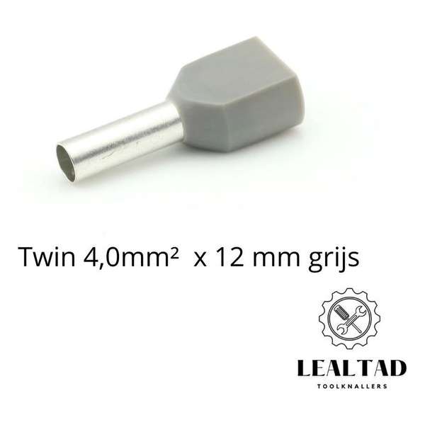 Adereindhuls dubbel 4,0 mm² x 12 mm grijs 100 stuks | Ferrule | Draadhuls | Adereindhulzen | Eindverbinder