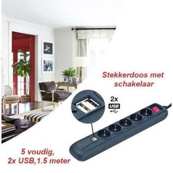 Stekkerdoos met schakelaar, 5 voudig, 2x USB, 1.5 meter