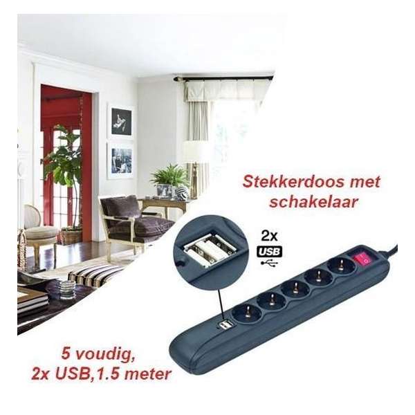 Stekkerdoos met schakelaar, 5 voudig, 2x USB, 1.5 meter