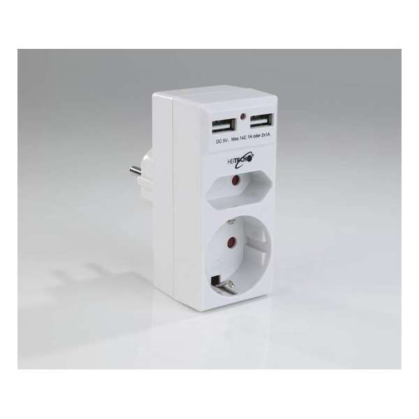 Heitech 2-wegs contactdoosadapter met 2 USB-oplaadpoorten