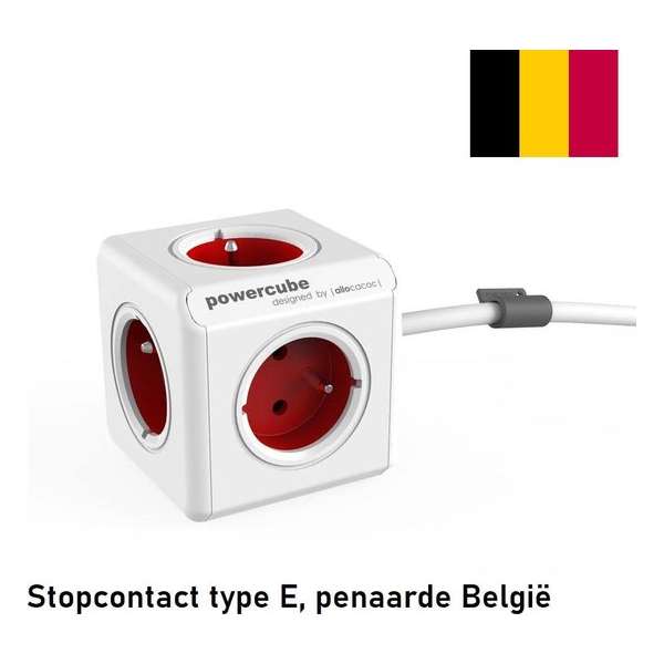 PowerCube Extended  Stekkerdoos - 1.5 meter kabel - Wit/Rood - 4 stopcontacten - Type E met aardepin Type E (België\/Frankrijk)