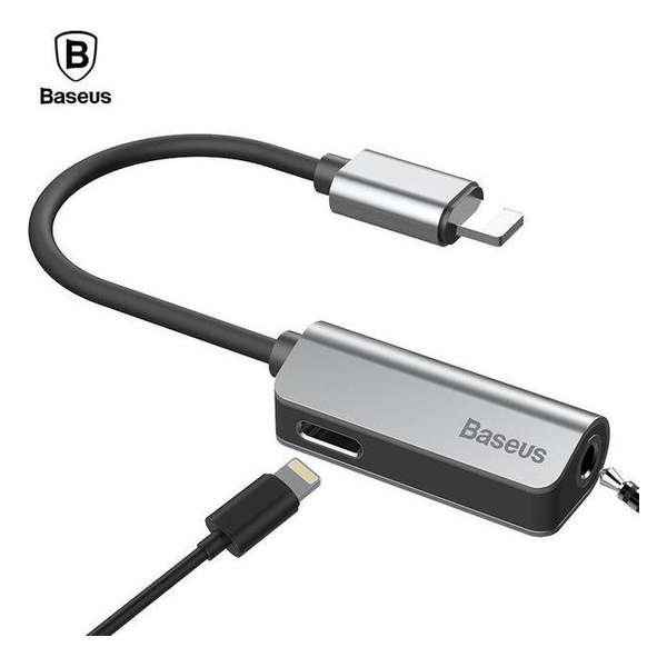 2 in 1 Lighting naar 3.5mm AudioJack/Headphone Jack en Lightning Splitter - Adapter voor Audio + Opladen - Zilver - Baseus L32