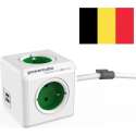 PowerCube Extended Duo USB - 1.5m kabel - Wit/Groen  - 3 stopcontacten - 2 USB laders - Type E met aardepin (België)