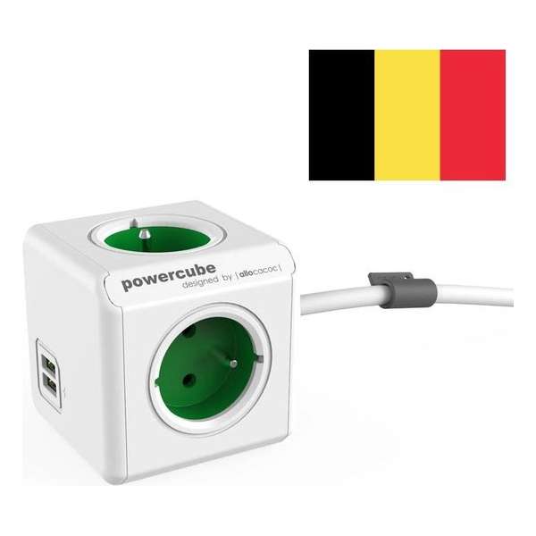 PowerCube Extended Duo USB - 1.5m kabel - Wit/Groen  - 3 stopcontacten - 2 USB laders - Type E met aardepin (België)