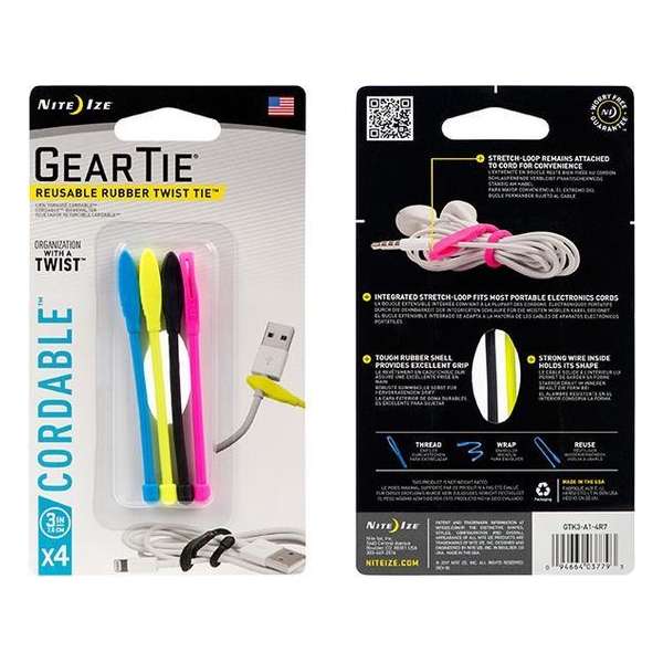 NITE IZE Gear Tie CORDABLE 3" - 4 PACK MIX COLOR GTK3-A1-4R7