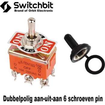 SwitchBit - Tuimelswitch dubbelpolig aan-uit-aan met afdekkapje - 15A/250V