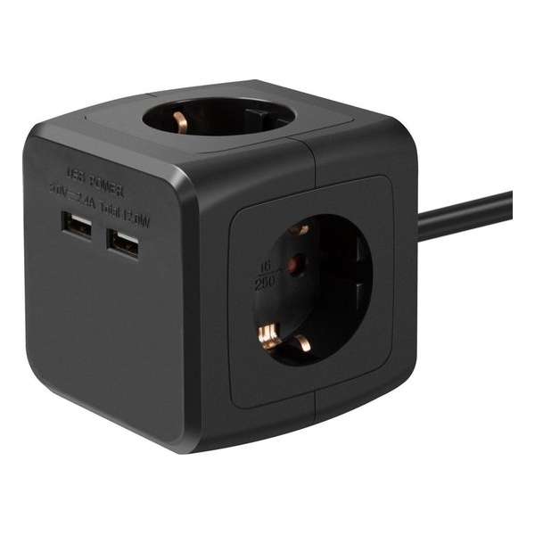 Stekkerdoos | Schuko | 3 voudig | USB lader | 16 ampère | Cube | Bureau bevestiging | Zwart  | Allteq