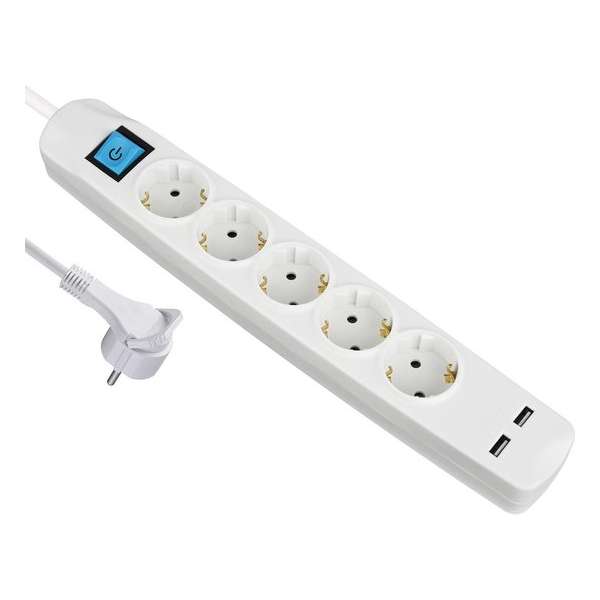 MaxTrack stekkerdoos met 5 contacten en 2x USB / wit - 1,5 meter