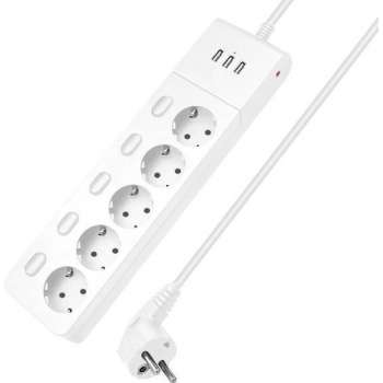 Stekkerdoos | 5-voudig | 3x USB A | Schakelaar | 2 meter aansluitsnoer | Overspanningsbeveiliging | Wit | Allteq