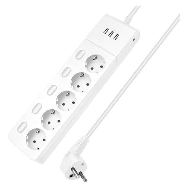 Stekkerdoos | 5-voudig | 3x USB A | Schakelaar | 2 meter aansluitsnoer | Overspanningsbeveiliging | Wit | Allteq