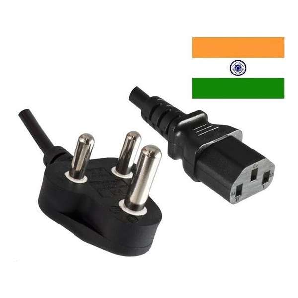 DINIC Apparaatsnoer met rechte C13 plug en haakse type M stekker (India) - 3x 1,50mm / zwart - 5 meter