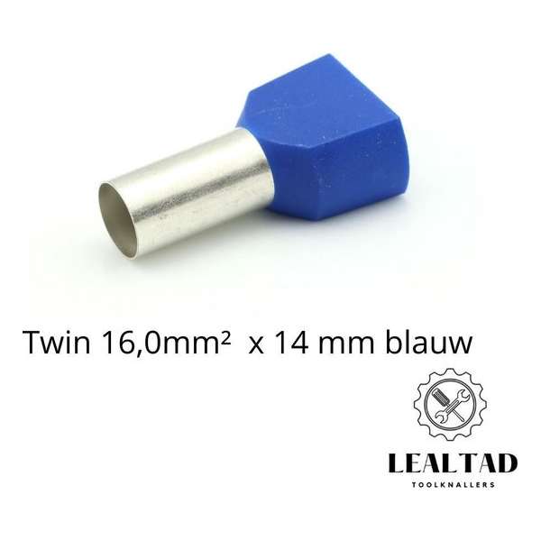 Adereindhuls  dubbel 16,0x14 mm blauw 100 stuks | Ferrule | Draadhuls | Adereindhulzen | Eindverbinder | Twin Adereindhuls