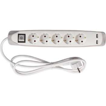 5-VOUDIGE STEKKERDOOS MET SCHAKELAAR - 2 USB-POORTEN - GRIJS/WIT - SCHUKO