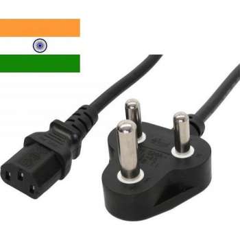 DINIC Apparaatsnoer met rechte C13 plug en haakse type D stekker (India) - 3x 1,00mm / zwart - 5 meter