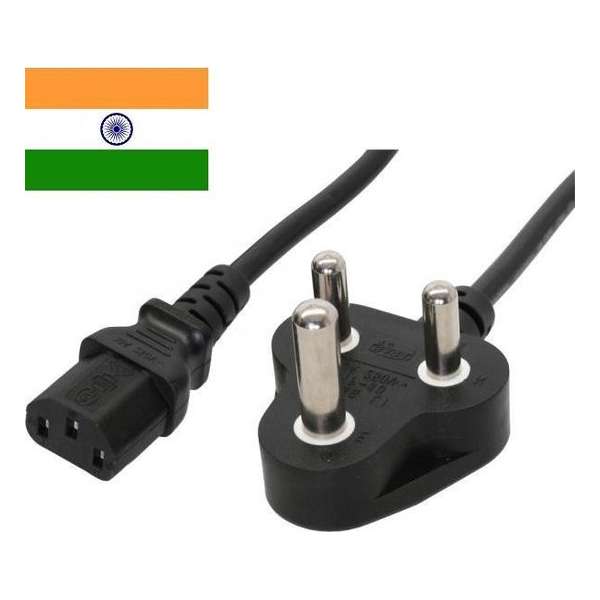 DINIC Apparaatsnoer met rechte C13 plug en haakse type D stekker (India) - 3x 1,00mm / zwart - 5 meter