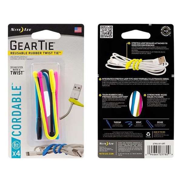 NITE IZE Gear Tie CORDABLE 6" - 4 PACK MIX COLOR