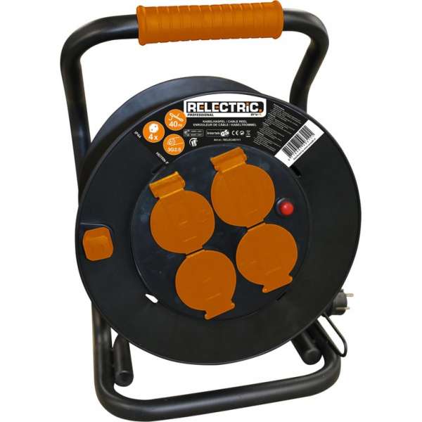 Relectric Pro Kabelhaspel – 50 meter – 4 stopcontacten – Met oprolknop - Randaarde - IP44 - RELEC492206