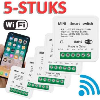 Mini Smart Switch | Slimme WiFi inbouwschakelaar | 16A | 5-stuks