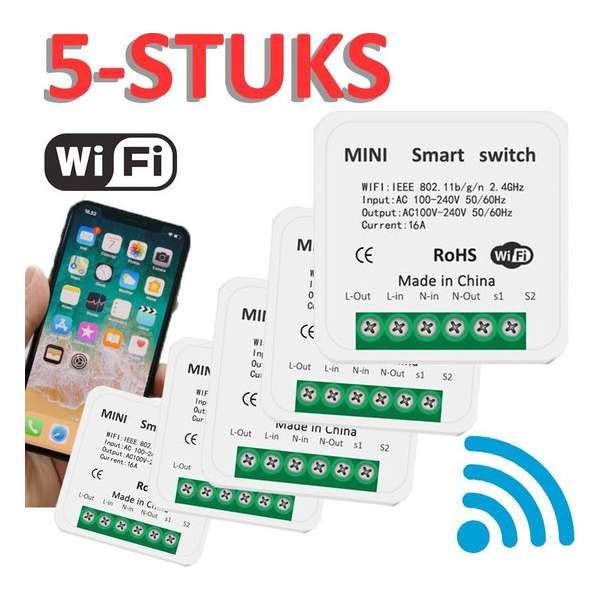 Mini Smart Switch | Slimme WiFi inbouwschakelaar | 16A | 5-stuks