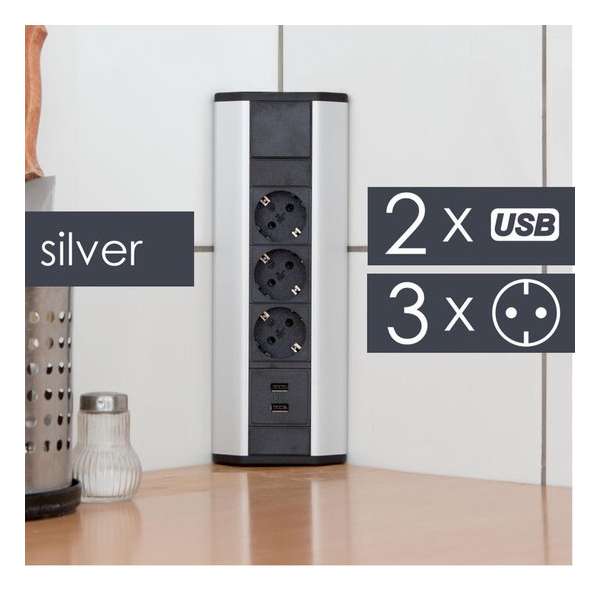 DELIGHT - Inbouw Hoekstekkerdoos met 2X USB en 3 Stopcontacten - Zilver met Zwart