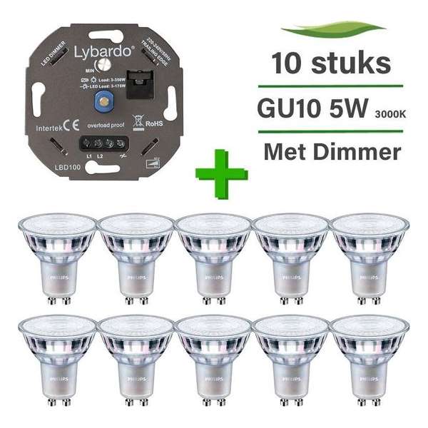 10 Pack Philips CorePro LED GU10 Dimbaar 5W 3000K + Lybardo ITEC 3-175W LED Dimmer Fase Afsnijding