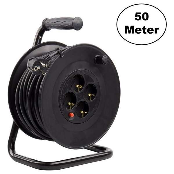 Kabelhaspel 50 meter + 4x Schuko 16A 220-250VAC , Snoerdikte: 3x 1,5mm2, Max: 1100/ 3200W, IP20, incl. beveiliging