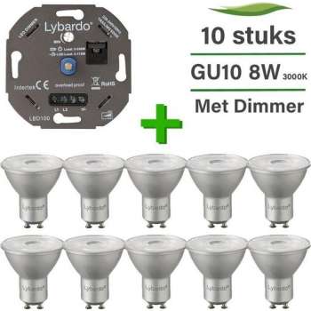 10 Pack Lybardo LED GU10 ITEC Dimbaar 8W 3000K + Lybardo ITEC 3-175W LED Dimmer Fase Afsnijding