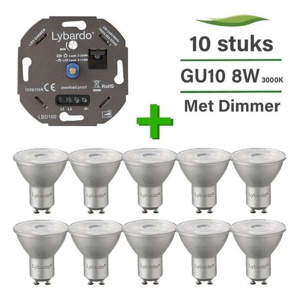 10 Pack Lybardo LED GU10 ITEC Dimbaar 8W 3000K + Lybardo ITEC 3-175W LED Dimmer Fase Afsnijding