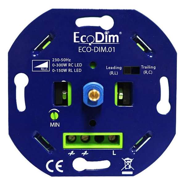 EcoDim - LED Dimmer - ECO-DIM.01 - Fase Aan- en Afsnijding RLC - Inbouw - Enkel Knop - 0-300W - BSE