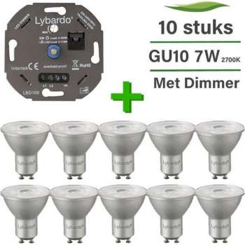 10 Pack Lybardo LED GU10 ITEC Dimbaar 7W 2700K + Lybardo ITEC 3-175W LED Dimmer Fase Afsnijding