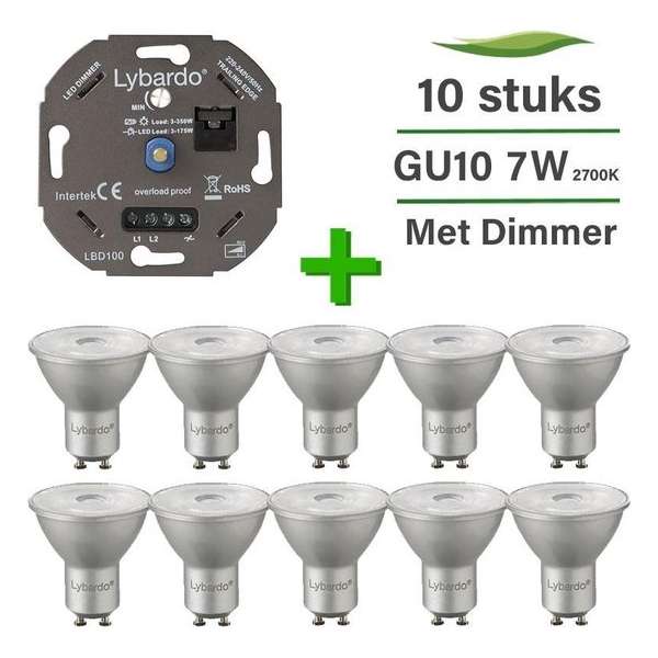 10 Pack Lybardo LED GU10 ITEC Dimbaar 7W 2700K + Lybardo ITEC 3-175W LED Dimmer Fase Afsnijding