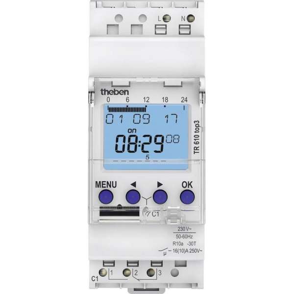 Theben 6100130 TR610 top3 - digitale 1-kanaals timer met app-programmering, perfect voor LED's, timers