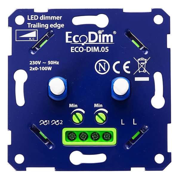 EcoDim - LED DUO Dimmer - ECO-DIM.05 - Fase Afsnijding RC - Dubbele Inbouwdimmer - Dubbel Knop - 0-100W