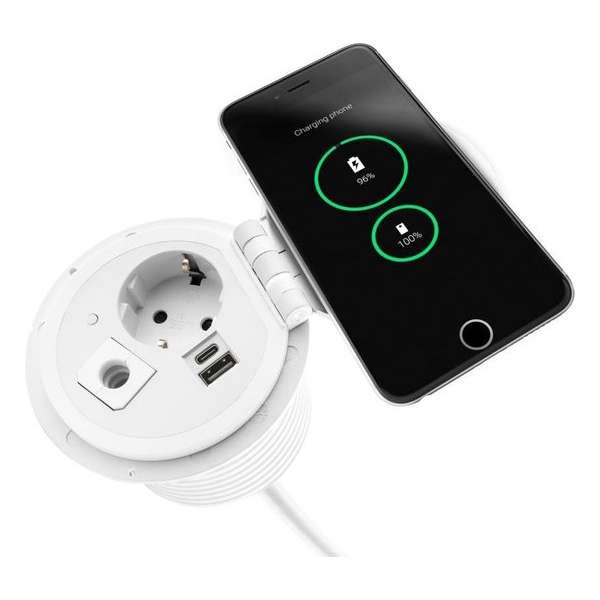 Filex - QI Power-Spot® (1x 230v, 1x USB A+C Charge, 1x Doorvoer) - Wit