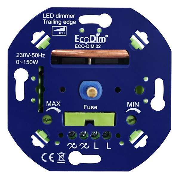 EcoDim - LED Dimmer - ECO-DIM.02 - Fase Afsnijding RC - Inbouw - Enkel Knop - 0-150W - Zekering