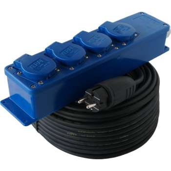 Verlengsnoer met stekkerdoos - 10 meter - 4 stopcontacten - 3G2.5 - Neopreen - IP44 - Randaarde - Blauw - Verlengkabel