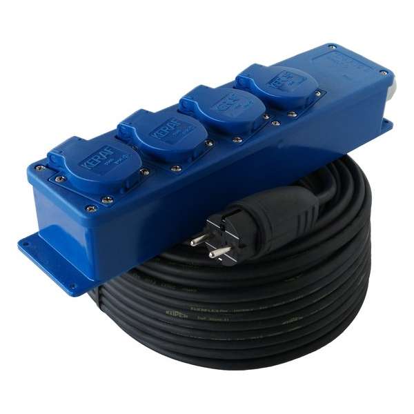 Verlengsnoer met stekkerdoos - 10 meter - 4 stopcontacten - 3G2.5 - Neopreen - IP44 - Randaarde - Blauw - Verlengkabel