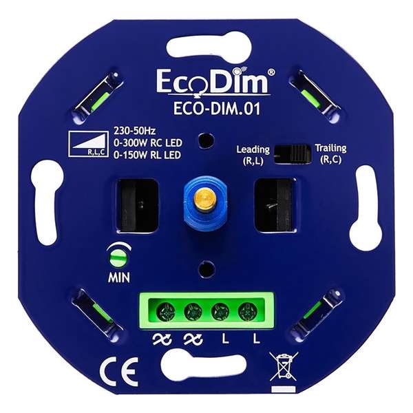 EcoDim - LED Dimmer - ECO-DIM.01 - Fase Aan- en Afsnijding RLC - Inbouw - Enkel Knop - 0-300W