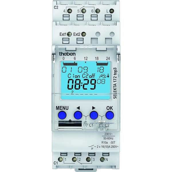 Theben 1720130 SELEKTA 172 top3 - digitale 2-kanaals astro-timer met 2 externe ingangen en app-programmering, timer