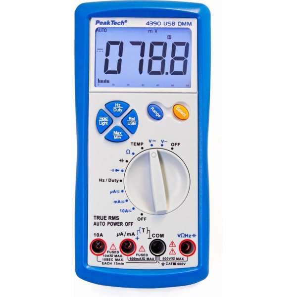 PeakTech 4390 Digitale multimeter ~ 6.000 counts ~ 600V AC / DC ~ 10A AC / DC - met USB ~ TrueRMS