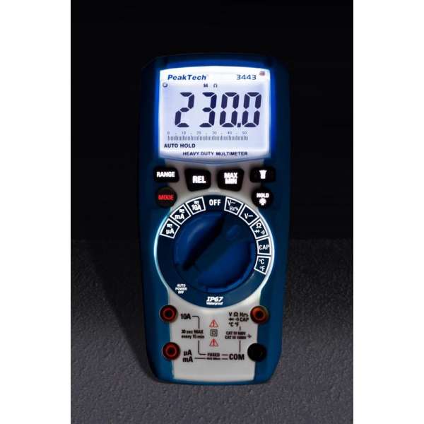 Peaktech 3443: Digitale multimeter ~ 6.000 counts ~ 1000V AC / DC ~ IP67 met verlichte functieknoppen