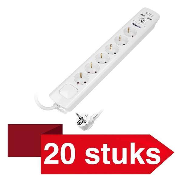 20 Stuks - Design stekkerdoos in het wit - 3 meter kabel - 6 schuko uitgangen en 2 USB-Poorten 2.1A