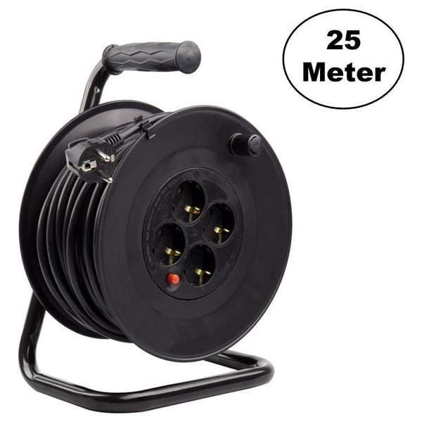 Kabelhaspel 25 meter + 4x Schuko 4x16A 220-250VAC , Snoerdikte: 3x 1,5mm2, Max: 1100/ 3200W, IP20, incl. beveiliging