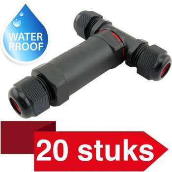 20 Stuks - Kabelverbinder T-stuk waterdicht - IP68 - 230Vac, 16A - Stekker 3-polig - Max. 1,5mm² (Lasdoos, Kabeldoos)